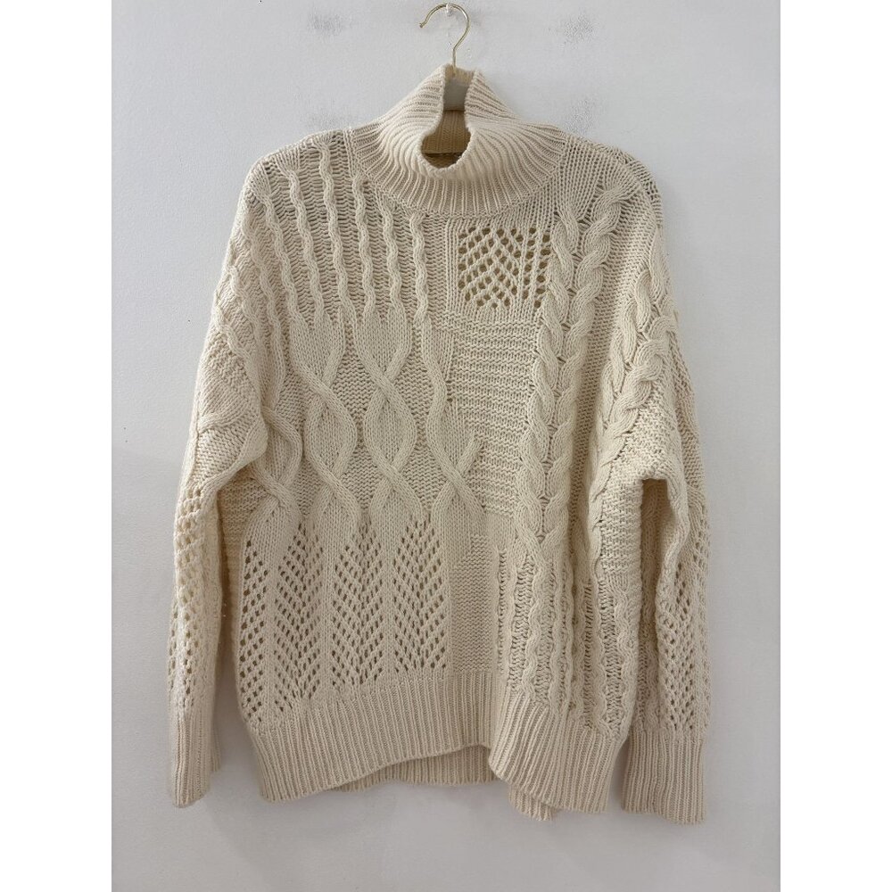 Athleta Dove Off White Bedford Wool and Cashmere Turtleneck Cable Sweater Size S